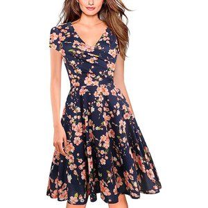 NWT Women's Casual Dresses Criss-Cross V-Neck Floral Flare Midi Summer D…